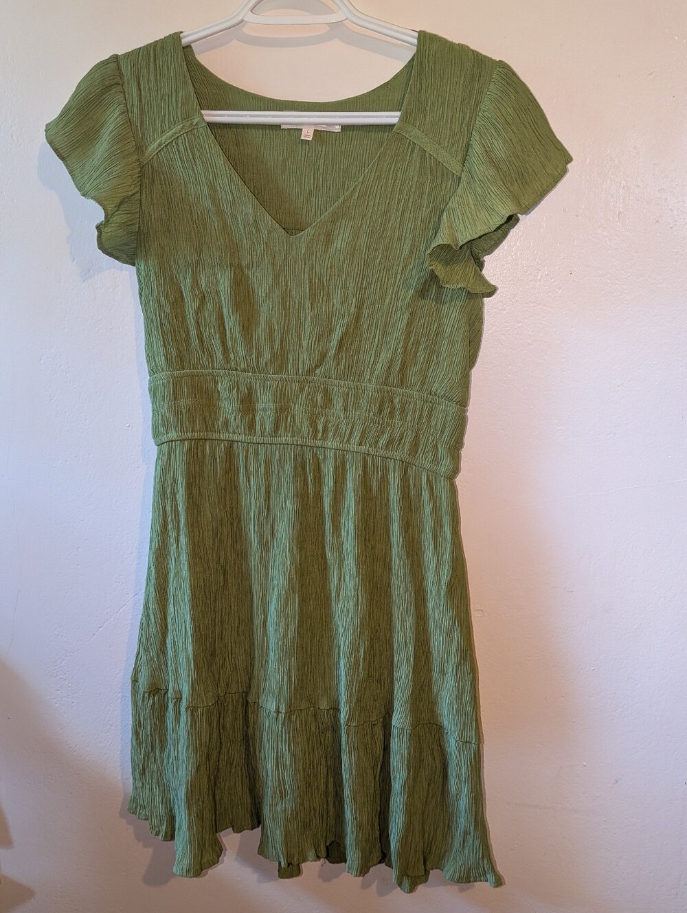 mine Olive Green V-Neck Flutter Sleeve Mini Dress